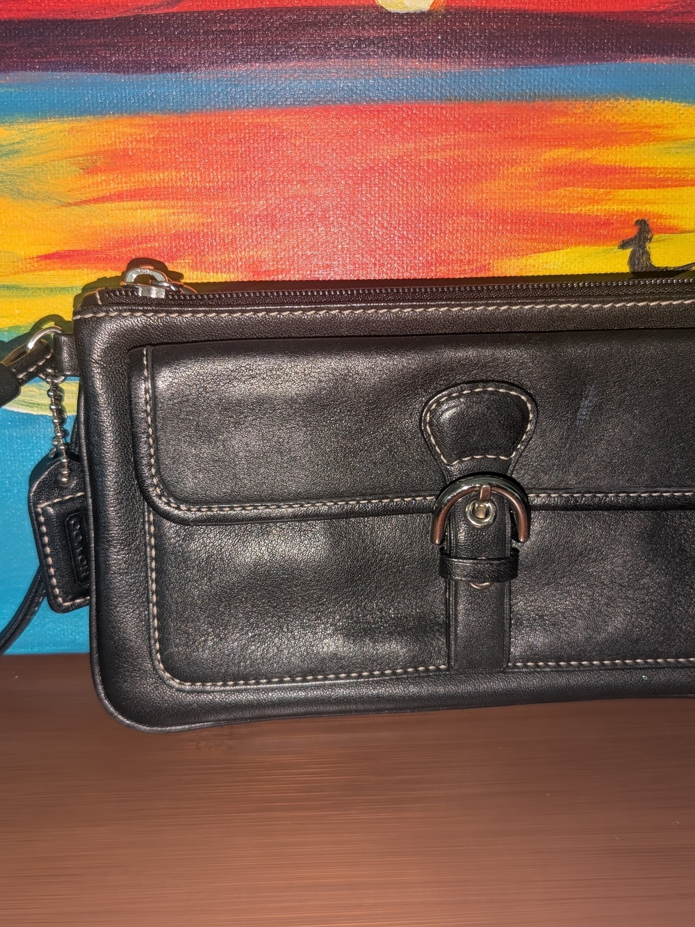Coach Black Leather Wristlet with Buckle Accent